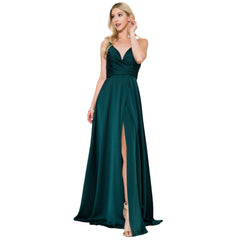 Elegant Satin Long Prom Dress with Spaghetti Straps and High Slit - Quirked Elegance