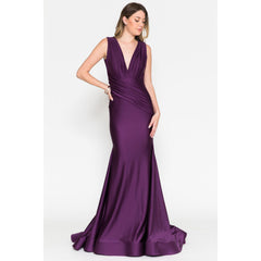 Sleeveless Stretch Fabric Fit & Flare Long Prom Dress with Rushed Waist - Quirked Elegance