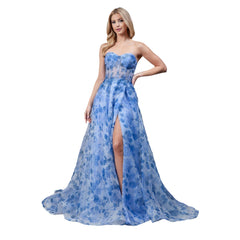 Elegant Floral Strapless Prom Dress with Shimmery Accents - Quirked Elegance
