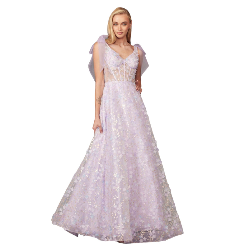 Lilac Full-Length Evening Gown Featuring 3D Floral Accents & Sparkling Glitter Bows - Quirked Elegance