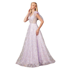 Lilac Full-Length Evening Gown Featuring 3D Floral Accents & Sparkling Glitter Bows - Quirked Elegance