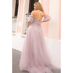 Off the Shoulder Side Slit Tulle Skirt Long Prom Dress - Quirked Elegance