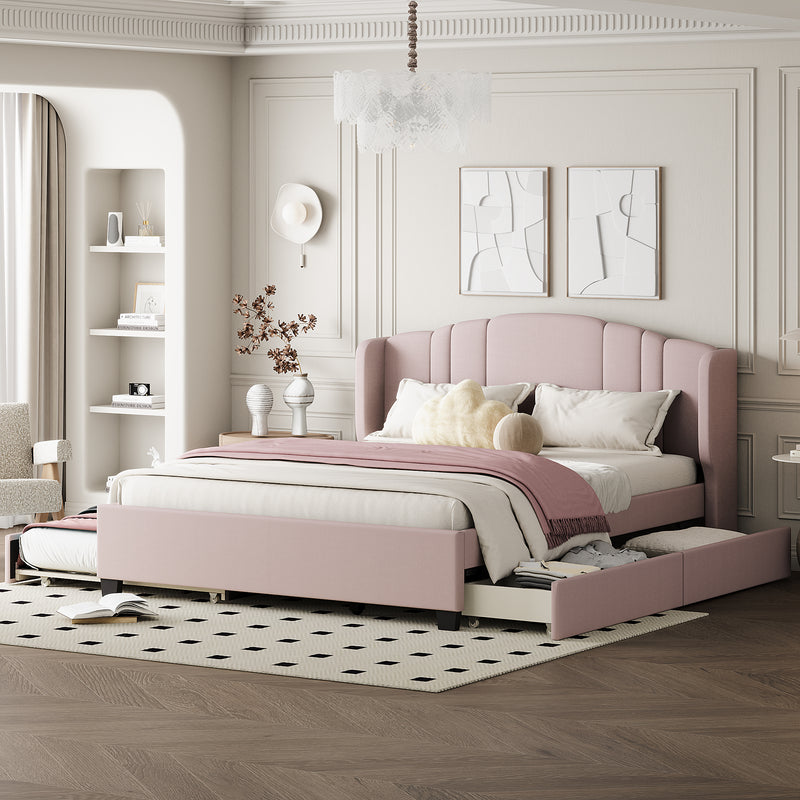 Platform Bed with Wingback Headboard, One Twin Trundle and 2 Drawers, Queen Size - Quirked Elegance