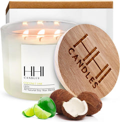 Coconut Lime Scented Candles. All Natural Soy Wax Candle with Thick Frosted Glass and Bamboo Wood Lid. 3 Wick Candle Large 12 Oz. Candle
