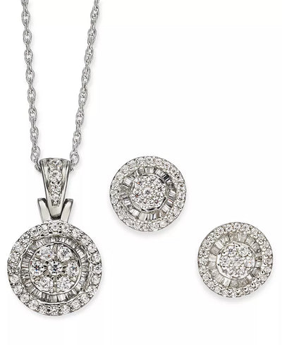2-Pc. Set Diamond Halo Heart Cluster Pendant Necklace & Matching Stud Earrings (1 Ct. T.W.) in 10K White Gold (Also in round & Square)