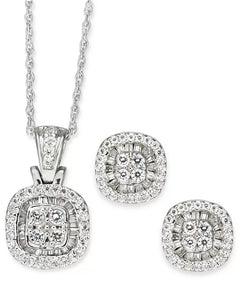 2-Pc. Set Diamond Halo Heart Cluster Pendant Necklace & Matching Stud Earrings (1 Ct. T.W.) in 10K White Gold (Also in round & Square)