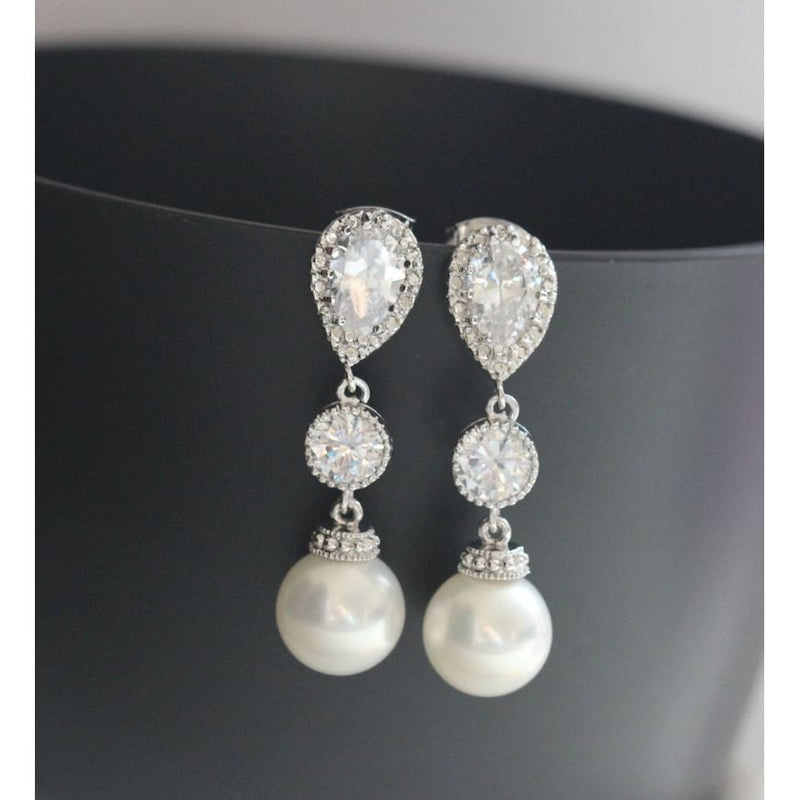 Elegant Pearl Wedding Earrings with CZ Accents - Quirked Elegance