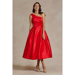 One Shoulder Satin Midi Prom Dress with Open Back - Quirked Elegance
