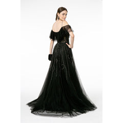 V-Neck Mesh A-Line Long Prom Dress with Embellishments - Quirked Elegance