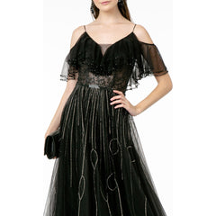 V-Neck Mesh A-Line Long Prom Dress with Embellishments - Quirked Elegance