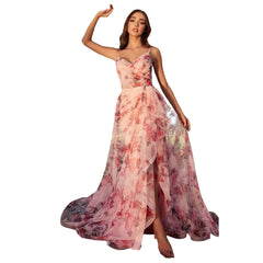 Floral Printed A-Line Prom Dress with Open Back and Pleated V-Neck - Quirked Elegance