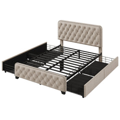 Button Tufted Head and Footboard Platform Bed Frame with Four Drawers - Quirked Elegance