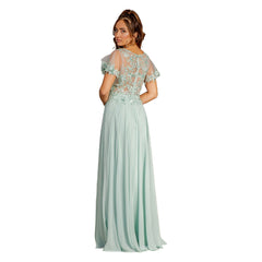 3D Flower Embroidery Chiffon A-line Sheer Short Sleeves Long Prom/ Wedding Dress - Quirked Elegance