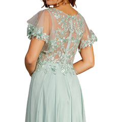 3D Flower Embroidery Chiffon A-line Sheer Short Sleeves Long Prom/ Wedding Dress - Quirked Elegance