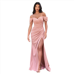 Elegant Crepe Off-the-Shoulder Formal Prom Dress with Leg Slit - Quirked Elegance