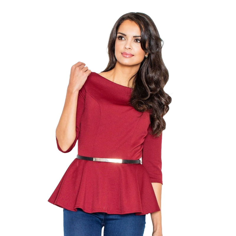 Modest 3/4 Sleeves Women's Belted Blouse with Frilled Bottom - Quirked Elegance