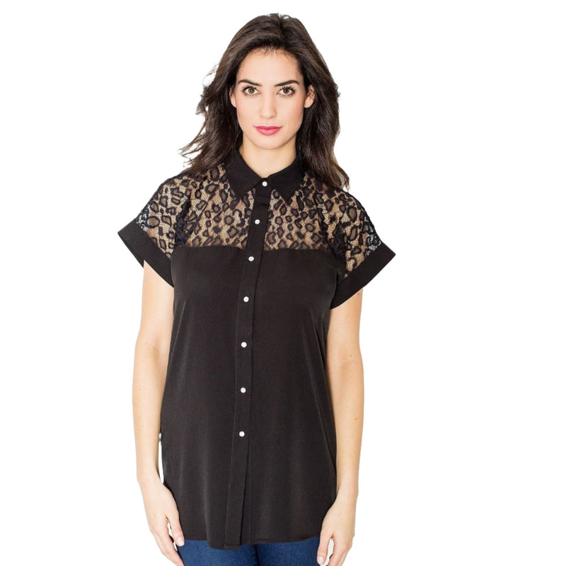 Elegant Women's Collared Short Sleeve Button-Down Blouse - Quirked Elegance