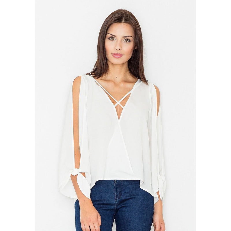 Open Long Sleeves Women's Airy Material with Tie Detail on Cuffs Blouse - Quirked Elegance
