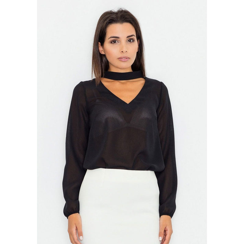 Long Sleeve Sheer V-Neckline  Blouse With  Neck Sash for Women - Quirked Elegance