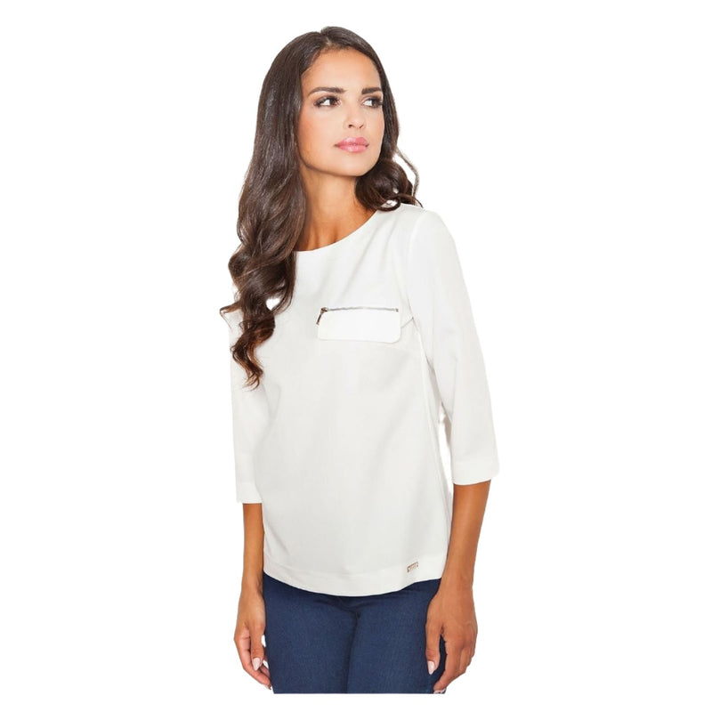 Modest Casual  3/4 Sleeve Blouse for Women with Faux Pocket Detail - Quirked Elegance