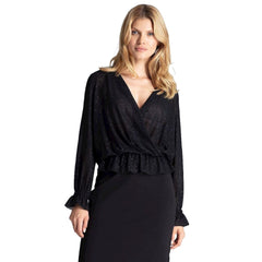 Sheer Feminine Long Sleeve Women's Blouse with Ruffled Accent on Neck and Sleeves - Quirked Elegance