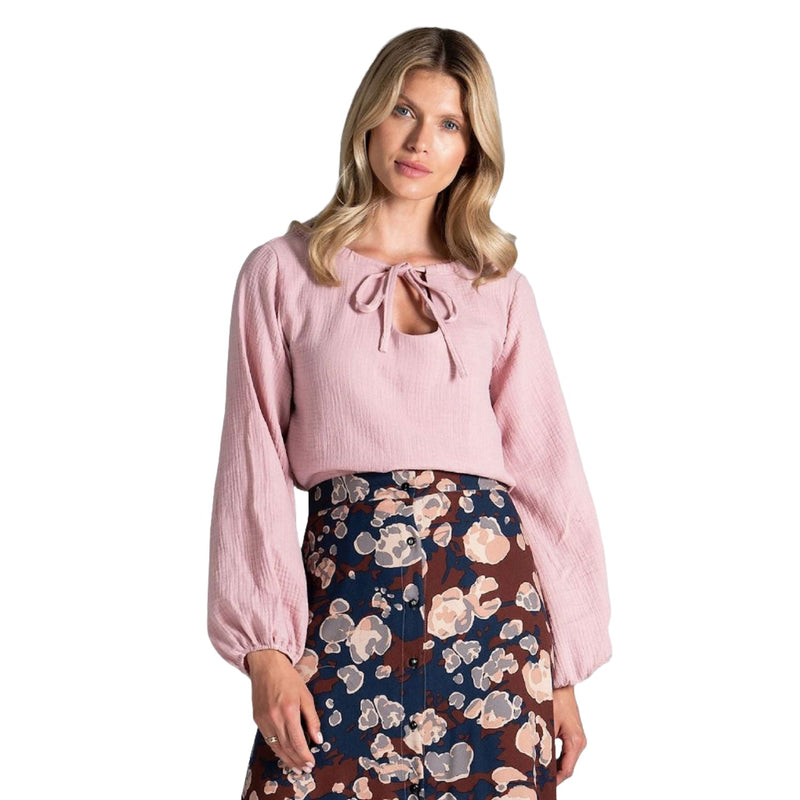 Women's Long Sleeve Short-Length Blouse with Keyhole Detail - Quirked Elegance