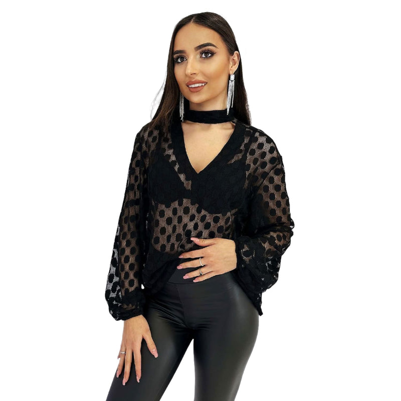 Women's Blouse with Long Sleeves and Sheer Detail - Quirked Elegance