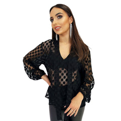 Women's Blouse with Long Sleeves and Sheer Detail - Quirked Elegance