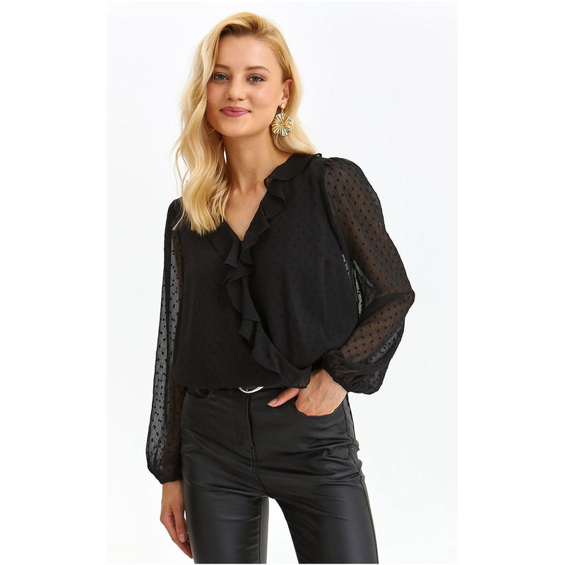 Women's Blouse with Sheer Buffeted Long Sleeves - Quirked Elegance